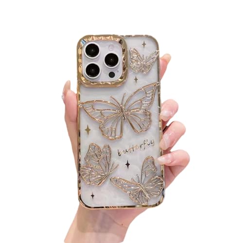 Caseative Schutzhülle für iPhone 15 Pro Max, verchromt, galvanisiert, Schmetterling, kompatibel mit iPhone-Hülle (Gold, iPhone 15 Pro Max) von Caseative