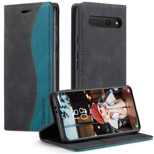 Casecond für Google Pixel 7 Pro 5G Hülle Handyhülle Leder Flip Case Magnet Magnetisch Klappbar Kartenfach Klapphülle Wallet Lederhülle für Männer Frauen RFID Schutzhülle Schwarz und Blaugrün von Casecond