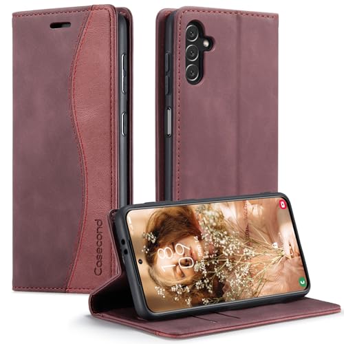 Casecond für Samsung Galaxy A14 4G / A14 5G Hülle Handyhülle Leder Flip Case Magnet Magnetisch Klappbar Kartenfach Klapphülle Wallet Lederhülle für Männer Frauen RFID Schutzhülle Wein Rot und Rot von Casecond