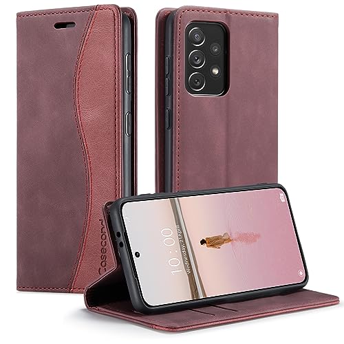 Casecond für Samsung Galaxy A33 5G Hülle Handyhülle Leder Flip Case Magnet Magnetisch Klappbar Kartenfach Klapphülle Wallet Lederhülle für Männer Frauen RFID Schutzhülle Wein Rot und Rot von Casecond