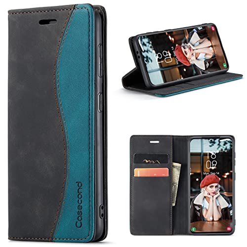 Casecond für Samsung Galaxy M32 4G Hülle (Nicht für M32 5G) Handyhülle Leder Flip Case Magnet Klappbar Kartenfach Klapphülle Wallet Schutzhülle für Männer Frauen RFID Schutz Schwarz und Blaugrün von Casecond