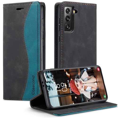Casecond für Samsung Galaxy S21 FE 5G Hülle Handyhülle Leder Flip Case Magnet Magnetisch Klappbar Kartenfach Klapphülle Wallet Lederhülle für Männer Frauen RFID Schutzhülle Schwarz und Blaugrün von Casecond