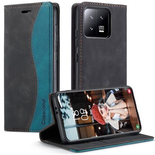 Casecond für Xiaomi 13 5G Hülle Handyhülle Leder Flip Case Magnet Magnetisch Klappbar Klapphülle Wallet Lederhülle RFID Schutzhülle Schwarz und Blaugrün von Casecond