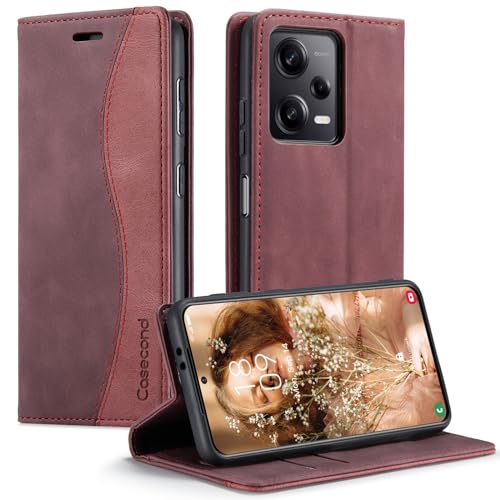 Casecond für Xiaomi Redmi Note 12 Pro 5G Hülle Handyhülle Leder Flip Case Magnet Magnetisch Klappbar Kartenfach Klapphülle Wallet Lederhülle für Männer Frauen RFID Schutzhülle Wein Rot und Rot von Casecond