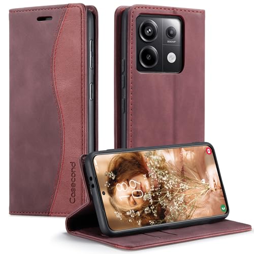 Casecond für Xiaomi Redmi Note 13 Pro 5G Hülle Handyhülle Leder Flip Case Magnet Magnetisch Klappbar Klapphülle Wallet Tasche Lederhülle RFID Schutzhülle Wein Rot und Rot von Casecond