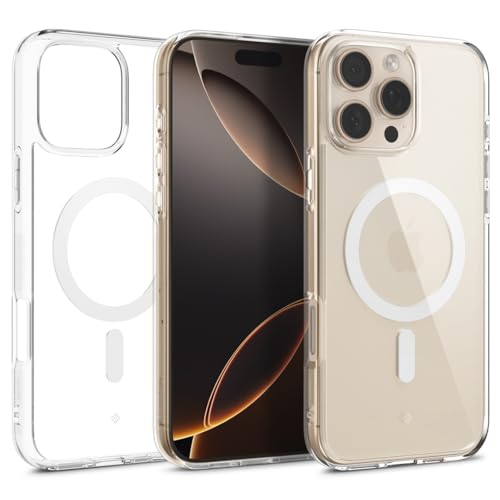 Caseology Capella Mag für iPhone 16 Pro Max Hülle [Ultraklar] Magnetischer Fallschutz in Militärqualität mit Seitlichem Griffmuster, Schutzhülle für iPhone 16 Pro Max – Clear White von Caseology