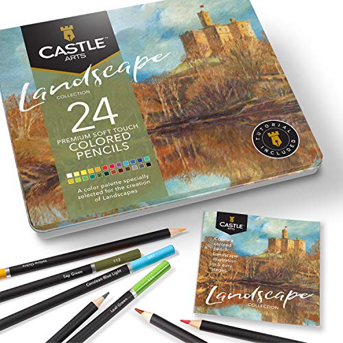Castle Arts Themed 24 Buntstiftsets in Blechdose, perfekte Farben für 'Landschaften'. Mit hochwertigem, glattem Farbkern, hervorragender Misch- und Überlagerungsleistung für großartige Ergebnisse von Castle Art Supplies