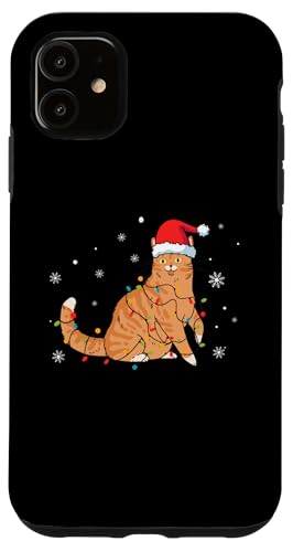 Hülle für iPhone 11 Katze mit Weihnachtsmannmütze, Schneeflocken, Weihnachtsbeleuchtung von Cat Santa Claus Christmas Apparel