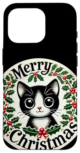 Hülle für iPhone 16 Pro Frohe Weihnachten Kitty Katze Schwarz und Weiß Katzen Illustration von Cat Snugg