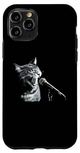 Hülle für iPhone 11 Pro Katze singt mit einem Mikrofon Rockstar Katze Musiker Lehrer von Cat With Microphone Singing Cat Music Teacher