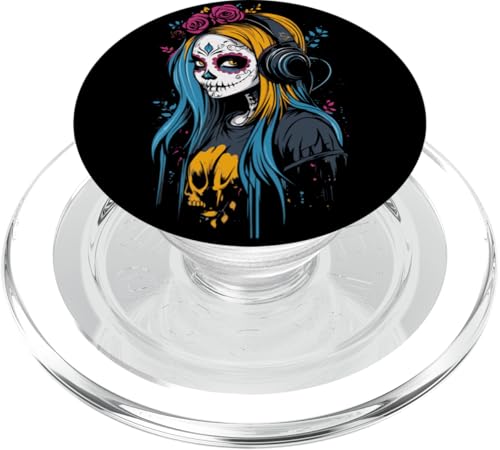 Moderne Catrina mit Kopfhörern Dia de los Muertos PopSockets PopGrip für MagSafe von Catrina Sugar Skull Dia De Los Muertos Tattoo Art