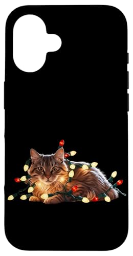 Hülle für iPhone 16 T-Shirt mit Katzen auf Katze schnurrende Weihnachtsbeleuchtung von Cats Light Up Feline Purring Christmas Store