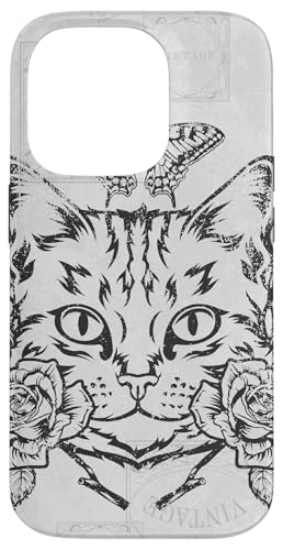 Hülle für iPhone 14 Pro Katzenzeichnung, Rosen und Schmetterling, Vintage-Look von Cats by Fluffabulous Prints