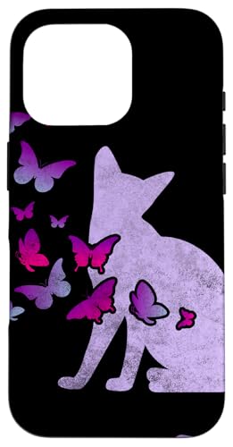 Hülle für iPhone 16 Pro Katzensilhouette und Schmetterlinge, schwarz-lila von Cats by Fluffabulous Prints