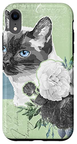 Hülle für iPhone XR Siamkatze mit Blumen, klassisch, Vintage-Look, hellgrün von Cats by Fluffabulous Prints