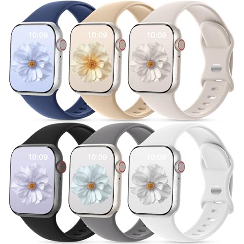 CeMiKa 6 Stück Sport Armband Kompatibel mit Apple Watch Armband 41mm 44mm 40mm 38mm 45mm 42mm 49mm 46mm, Verbesserte Weiche Silikon Ersatzbänder für iWatch Series 10 9 8 7 6 5 4 SE Ultra, Damen Herren von CeMiKa