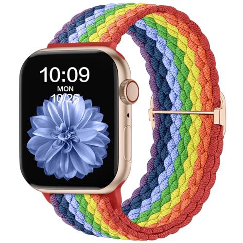 CeMiKa Geflochtenes Armband Kompatibel mit Apple Watch Armband 38mm 41mm 40mm 42mm für Damen Herren, Elastisches Solo Loop Nylon Armband für iWatch Series 10 9 8 7 6 5 4 3 2 1 SE Ultra 2, Regenbogen von CeMiKa