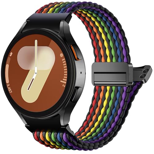 CeMiKa One Klick Geflochtenes Armband Kompatibel mit Samsung Galaxy Watch 7 6 5 4 Armband 40mm 44mm, Armband für Samsung Watch 6 Classic 47mm 43mm/5 Pro 45mm/4 Classic 42mm 46mm, Schwarz Regenbogen von CeMiKa