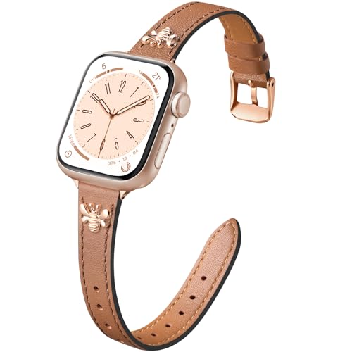 CeMiKa Schlankes Lederarmband Kompatibel mit Apple Watch Armband 38mm 40mm 41mm, Leder Ersatzband mit Charme für Apple Watch SE/iWatch Series 9 8 7 6 5 4 3, Frauen Männer, Braun/Roségold Biene von CeMiKa