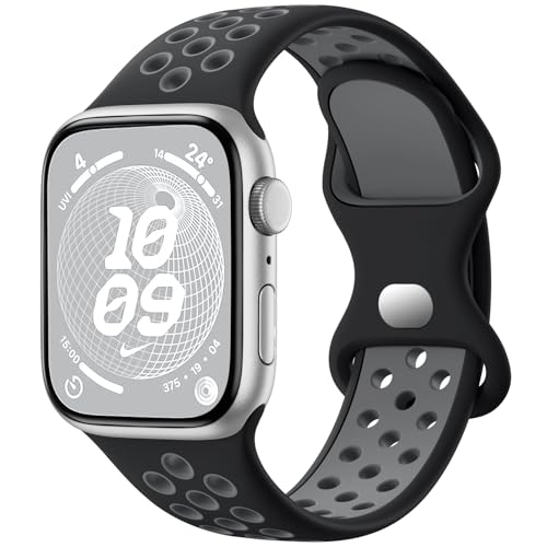 CeMiKa Sport Armband Kompatibel mit Apple Watch Armband 38mm 40mm 41mm 42mm für Frauen Männer, Atmungsaktives Silikon Armband für iWatch Series 10 9 8 7 6 5 4 3 2 1 SE, Schwarz/Grau von CeMiKa