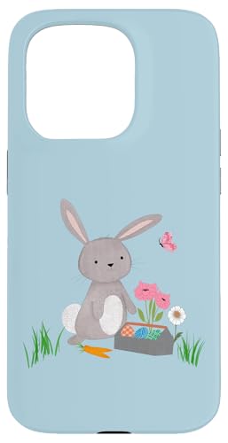 Hülle für iPhone 15 Pro Hase mit Blumen, Eiern und Schmetterling von Cedar Rue