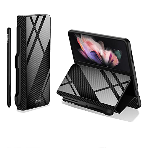 CeeEee Kompatibel mit Samsung Galaxy Z Fold 3 5G Hülle mit S-Pen Halter Luxus 9H Panzerglas und Leder Flip Hybrid Stoßfeste Case mit Standerfunktion, Kohlefaser schwarz von CeeEee