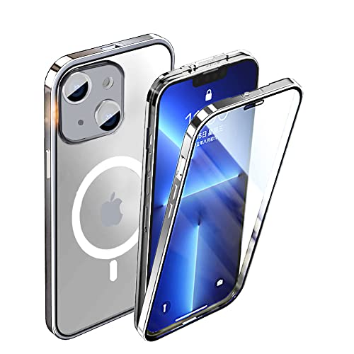 iPhone 14 Schutzhülle Transparent Gehärtetes Glas Case Original Metall Stoßfänger 360 Grad Schutz Cover mit Sperren Schnalle - Silber von CeeEee