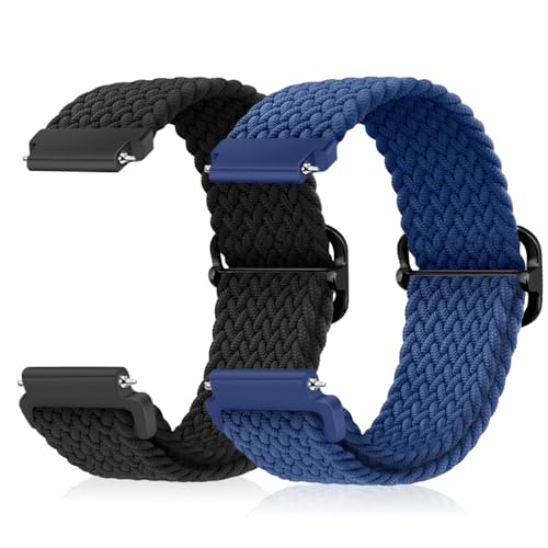 CeiBand 2 Stücke Geflochtenes Solo Loop Elastische Armband, 18mm 20mm 22mm Schnell Verstellbares Herren Damen Nylon Weiches Aatmungsaktive Sportbänder Uhrenarmbänder Ersatzarmband - Schwarz + Blau von CeiBand