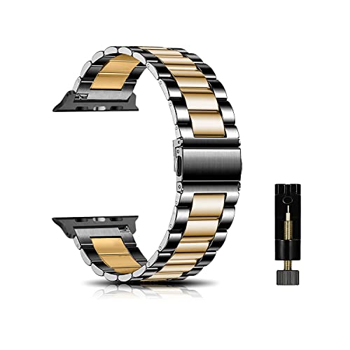 CeiBand Armband Kompatibel mit Apple Watch 44mm/42mm/45mm/49mm, Metall Uhrenarmbänder Unisex Edelstahl Uhrband Geeignet Kompatibel mit Apple Watch 38mm/40mm/41mm - Schwarze/Gold von CeiBand