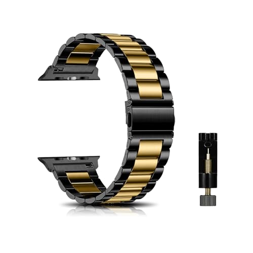 CeiBand Armband Kompatibel mit Apple Watch 44mm/42mm/45mm/49mm, Metall Uhrenarmbänder Unisex Edelstahl Uhrband Geeignet Kompatibel mit Apple Watch 38mm/40mm/41mm - Schwarze/Gold von CeiBand