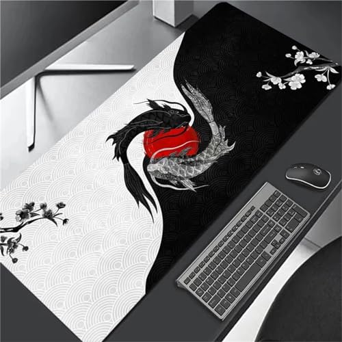 Gaming Mauspad 800x300x3mm,Schwarz-weißer japanischer Fisch XXL Mousepad,rutschfest Tischunterlage Large Size Groß,verbessert Präzision und Geschwindigkeit,abwaschbar - für Heimbüro Maus und Tastatur von Cekog