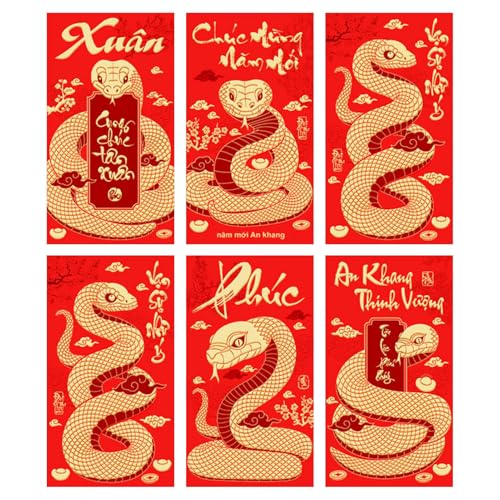 Vietnamese Red Envelopes 2025, 6 Pieces New Year Red Envelopes Snake, 2025 Hong Bao Red Pocket, Year of the Snake Red Envelopes Lucky Money Envelopes for Wedding, 6.42x3.54 Inches von Ceprznvey