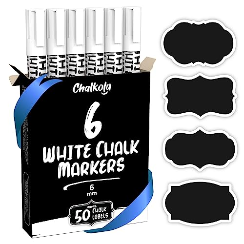 Chalkola Weiße Stifte – Set mit 6 abwischbaren Kreidestiften mit umkehrbarer Spitze 6 mm und 50 Kreideetiketten für Fenster, Glas, Leinwand, Kunststoff von Chalkola