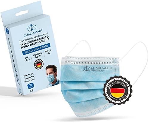 Charlemain 10x OP Masken, Made in Germany, EN 14683 Typ IIR, Medizinischer Mund-Nasen-Schutz, BFE >99,9% 3-lagig, Latexfrei, MNS, Einweg-Gesichtsmasken - Blau von Charlemain