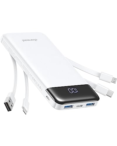 Charmast Externer Akku, 10.000 mAh, mit 4 integrierten Kabeln, tragbarer Akku, USB C, dünn, Power Bank mit 6 Ausgängen und 3 Eingängen, für iPhone 12, 13, 11, Samsung S21, S22, Weiß von Charmast