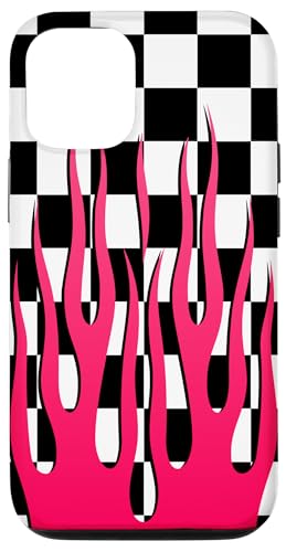 Hülle für iPhone 14 Pro Weiß Schwarz Schachbrettmuster Hot Fire Pink Flame von Checkered Lover