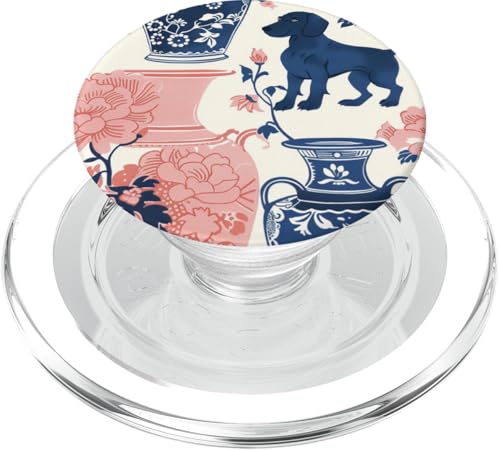 Adrette rosa & blaue Toile Chinoiserie Dogs and Ginger Jar PopSockets PopGrip für MagSafe von Chinoiserie Dogs and Ginger Jar Designs