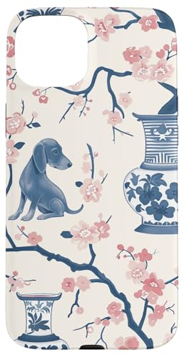 Hülle für iPhone 15 Plus Adrette rosa & blaue Toile Chinoiserie Dogs and Ginger Jar von Chinoiserie Dogs and Ginger Jar Designs