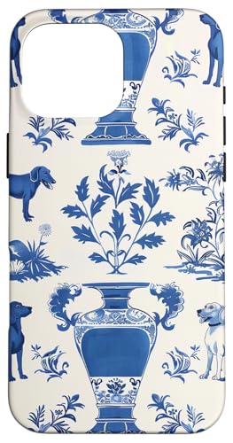 Hülle für iPhone 16 Pro Max Preppy Blue Toile Chinoiserie Dose mit Hunden und Ingwer von Chinoiserie Dogs and Ginger Jar Designs