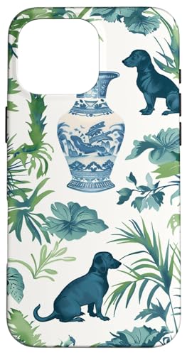 Hülle für iPhone 16 Pro Max Preppy Green Toile Chinoiserie Dose mit Hunden und Ingwer von Chinoiserie Dogs and Ginger Jar Designs