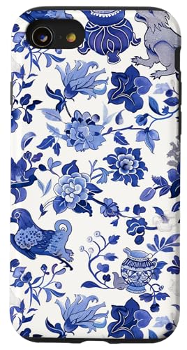 Hülle für iPhone SE (2020) / 7 / 8 Adrette lila & blaue Toile Chinoiserie Dogs and Ginger Jar von Chinoiserie Dogs and Ginger Jar Designs