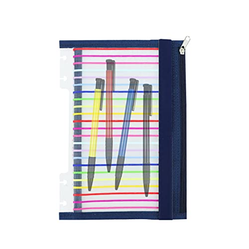 Chris.W Discbound Notebook Elastic Band Stifthalter, Zipper Pouch for Pens Cards Stickers School Supplies (14x21.6 cm, Marineblau mit Streifen) von Chris.W