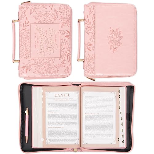 Christian Art Gifts Premium Veganes Leder Fashion Floral Bibelhülle für Frauen: Stärke & Würde – Prov. 31:25 Inspirierende Schrift Vers Tragetasche mit Taschen & Stift-Aufbewahrung, Rose Pink, Medium von Christian Art Gifts