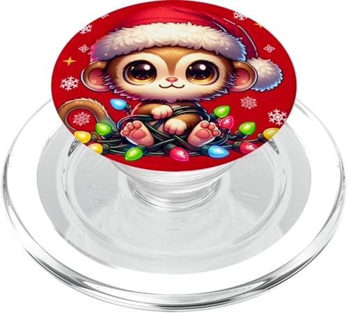 Niedlicher Baby-Affe in Nikolausmütze mit Weihnachtsbeleuchtung PopSockets PopGrip für MagSafe von Christmas Baby Monkey Apparel Gifts by Anastasia