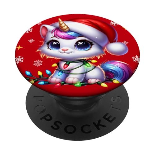 Niedliches Baby-Einhorn-Kätzchen in Weihnachtsmütze mit Weihnachtsbeleuchtung PopSockets Klebender PopGrip von Christmas Baby Unicorn Kitten Gifts by Anastasia