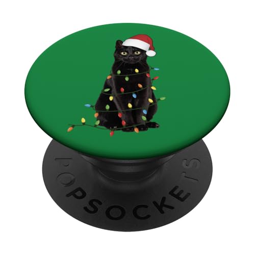 Weihnachtskatze, Weihnachtsmannmütze, süßes schwarzes Kätzchen, Weihnachtsbeleuchtung PopSockets Klebender PopGrip von Christmas Cats