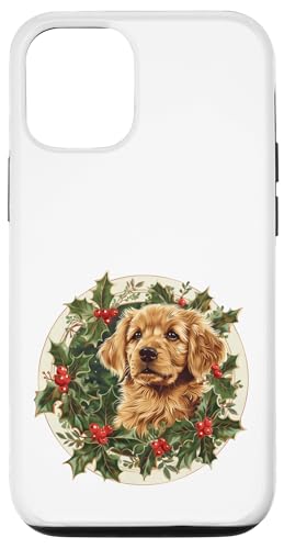 Hülle für iPhone 12/12 Pro Vintage süßer Welpe Hund im Stechpalmenkranz für Weihnachten - von Christmas Gifts