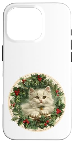 Hülle für iPhone 16 Pro Vintage süßes flauschiges Kätzchen im Stechpalmenkranz für Weihnachten - von Christmas Gifts