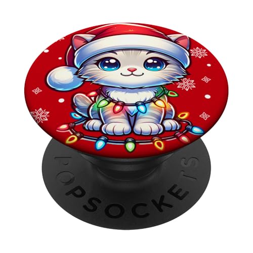 Süßes Kätzchen in Weihnachtsmütze mit Weihnachtsbeleuchtung PopSockets Klebender PopGrip von Christmas Kitten Apparel Gifts by Anastasia