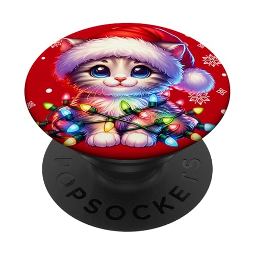 Süßes Kätzchen in Weihnachtsmütze mit Weihnachtsbeleuchtung PopSockets Klebender PopGrip von Christmas Kitten Apparel Gifts by Anastasia